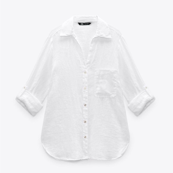 ZARA Oversized White Linen Button Down Shirt Sz XS Summer Lightweight Neutral - Picture 13 of 14